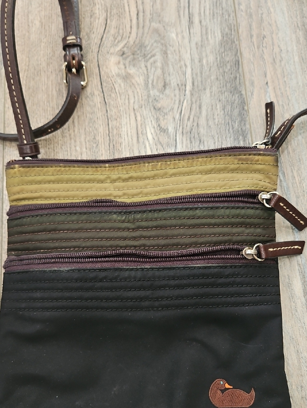 Multi-Zip Crossbody Bag in Black, Olive & Olive